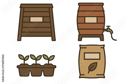 Essential supplies for gardening and farming including rain barrel, seedlings, and fertilizer