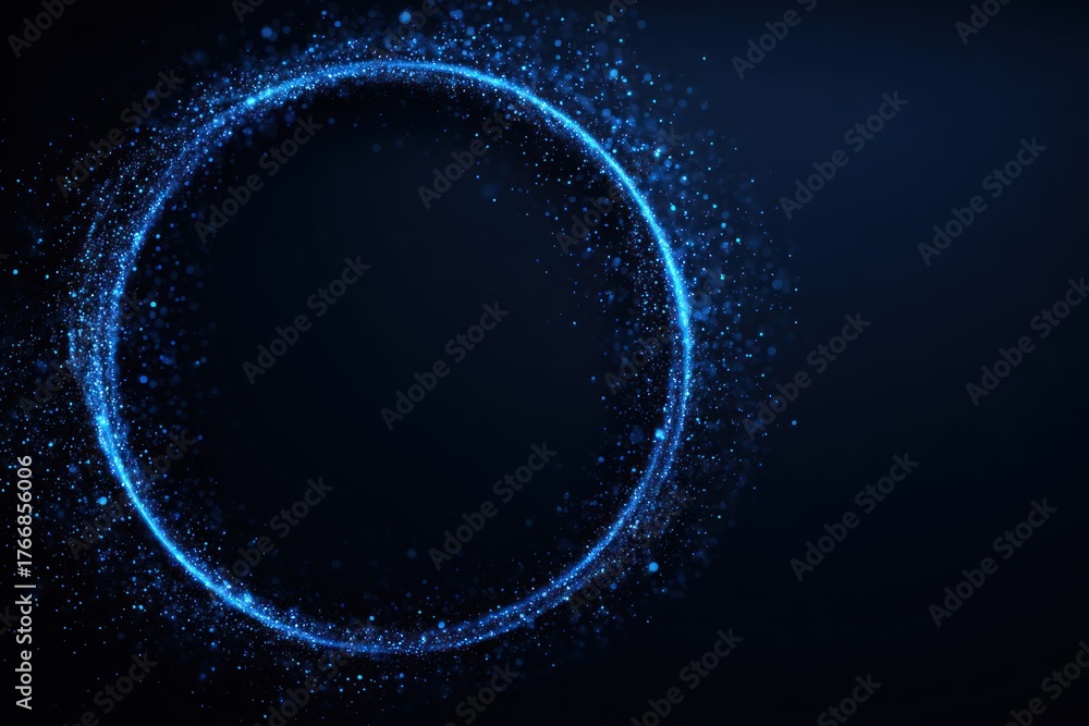 Fototapeta premium Blue Neon Circle Ring With Sparkling Particles in a Dark Background — Futuristic, Digital, and Energy-Fueled Visual for Tech, Science, and Design
