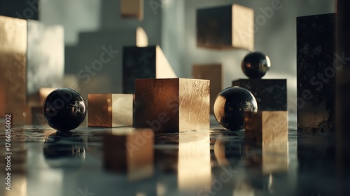 Abstract geometric composition with metallic cubes and spheres reflecting on a wet surface, creating a surreal and futuristic atmosphere with dramatic lighting and shallow depth of field