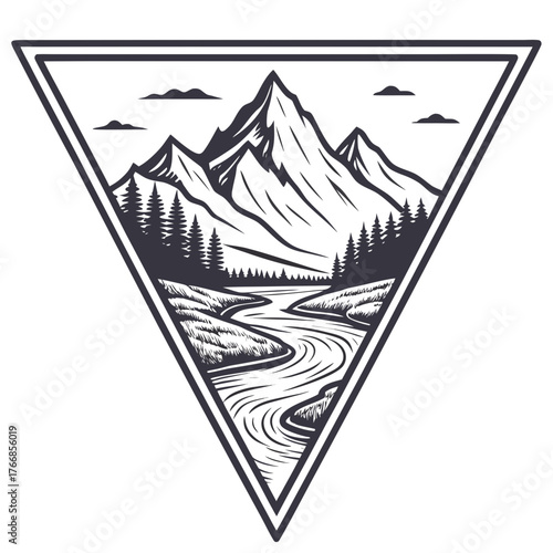 Mountain landscape with river in triangle frame