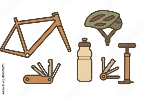 Set of cycling equipment including helmet frame water bottle pump and multi tool