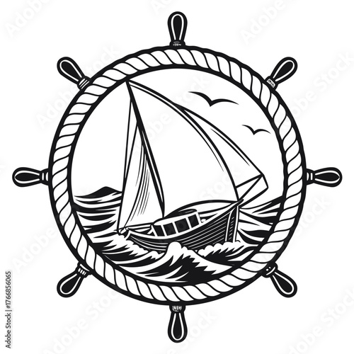 Nautical steering wheel with sailboat in black color