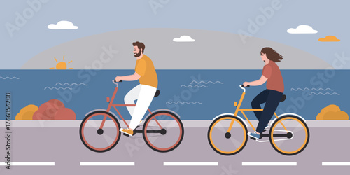 Love couple riding bicycles on seacoast. Friends riding bikes. Bike path on embankment, beautiful sunset. Ocean view on background. Cycling, free time, activity at weekend.