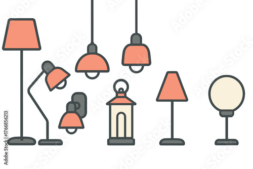 Modern and vintage lighting fixtures set featuring floor lamps, desk lamps, and ceiling pendants