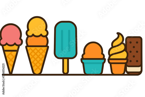 Colorful collection of frozen desserts including ice cream cones, popsicle, soft serve, and sandwich