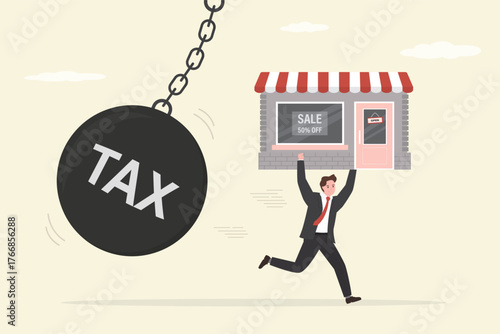 Businessman carrying heavy shop building and run away from giant tax stone ball. Business financial problem in retail. Poverty, High taxes lead to enterprise bankruptcy.