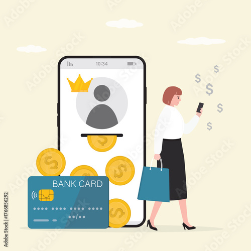 Reward program, motivation for shopping. Happy woman consumer with shopping bags earning cash back. Bank card with golden coins, cashback, loyalty program.