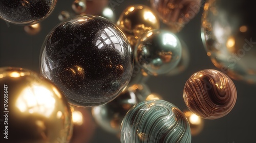 Abstract 3d rendering of metallic spheres with intricate textures and shimmering particles, creating a luxurious and futuristic aesthetic with a dark background