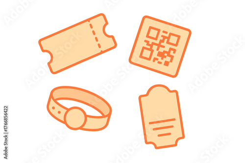 Set of event admission icons including tickets, QR code, passes, and wristbands