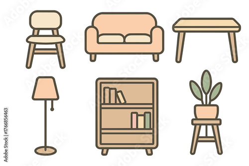 Minimalist set of interior design elements featuring a couch, chair, table, bookshelf, floor lamp, and houseplant