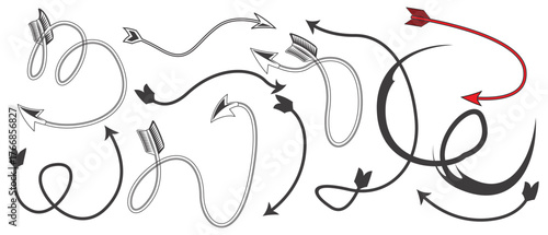 Curved and spiraling arrows in varying shades of gray and red