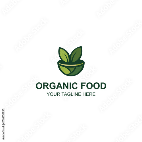 Organic Green Leaf Bowl Logo Design with Creative Illustration
