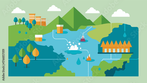 A map overlay showing water usage trends of an entire farm allowing farmers to identify areas of high and low water consumption.. Vector illustration