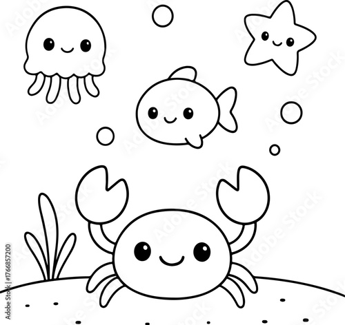 Kawaii Crab and Friends Underwater Coloring Page
