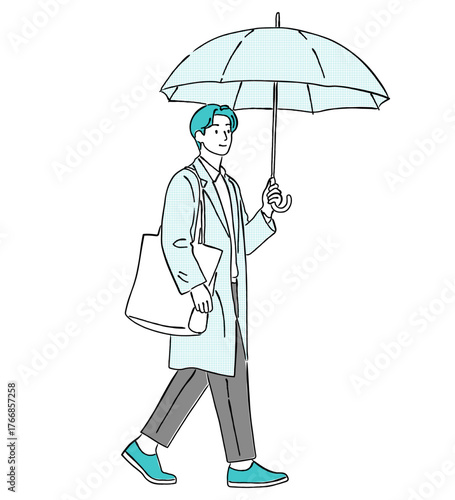 傘をさして歩く男性の線画イラスト,雨の日,通勤,外出,全身,レインコート,ベクター
