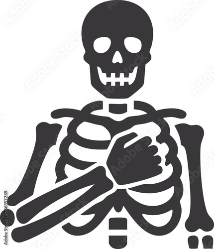 skeleton performing a respectful gesture with one fist placed over its chest