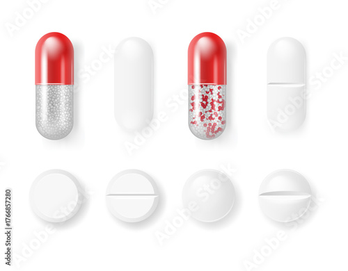 Pills and capsules Medicines tablets, capsules drug of painkillers, antibiotics vitamins. isolated on white background. Vector illustration
