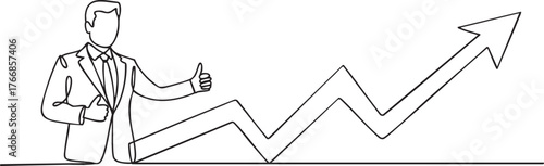 Continuous one line drawing of businessman giving thumbs up and presenting upward trending graph symbolizing growth, success, and business achievement