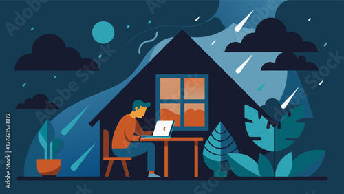 As a storm brews in the distance the freelancer cozies up in their cottage working on their latest project fueled by the cozy atmosphere and the sound of rain on the roof.. Vector illustration