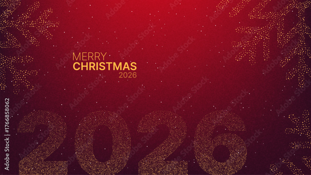 Naklejka premium Merry Christmas 2026 greeting text and date on a glitter effect red background with abstract snowflake vector pattern for winter holidays.
