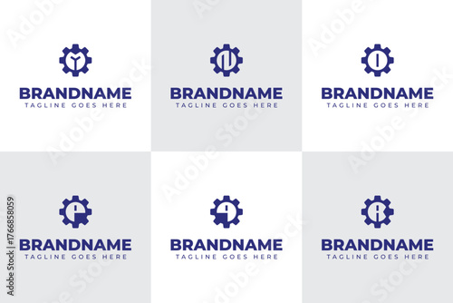 Letter M N O P Q R Gear Logo Set, symbolizing industry, innovation, and progress