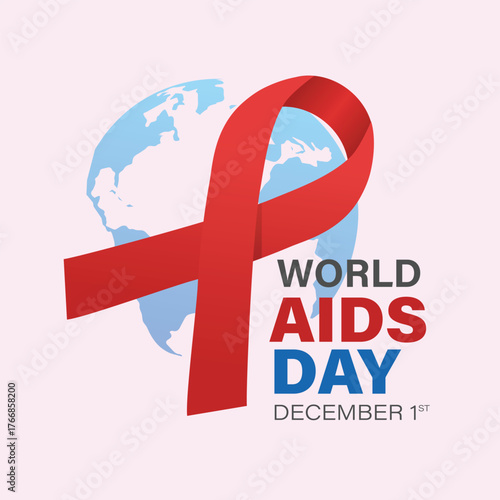 World AIDS Day poster with a red ribbon over a globe, symbolizing global awareness and unity against HIV, AIDS.