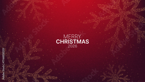 Red background with Merry Christmas 2026 text and golden glitter snowflake graphic design. Holiday season greeting for celebration festive decor banner.