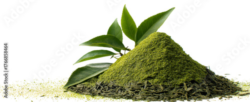 a pile of green tea leaves and loose-leaf tea on a white background, high-resolution photography, insanely detailed, fine details, stock photo, professional color grading, award-winning photography, i