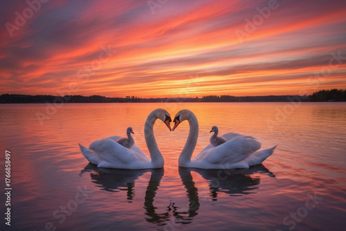 Bei cigni che con il collo formano il cuore in un bel momento di luce.