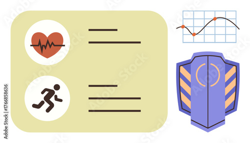 Health card with heart rate, runner icons, shield, and graph tracking performance. Ideal for fitness, health monitoring, sports performance, medical analysis, progress tracking wellness lifestyle