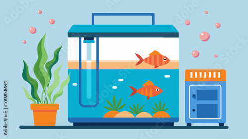 A fish tank integrated with a water heater and cooler maintaining stable water temperatures for both fish and plants.. Vector illustration