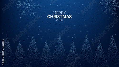 Merry Christmas 2026 message with dotted snowflake, trees, and falling snow on a blue background for winter holiday greetings.