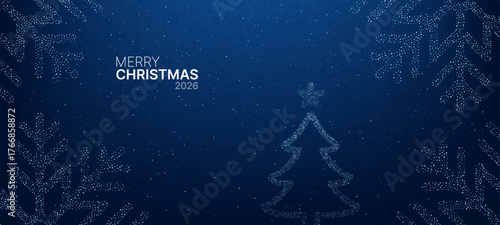 Dot art Christmas tree and snowflakes on blue background with Merry Christmas 2026 text. Festive winter holiday greeting card design.