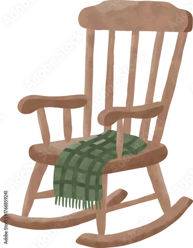 Wooden Rocking Chair with Green Blanket, Cozy Winter Watercolor Illustration