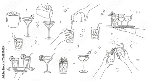 Hand-drawn vector set of wine glasses and bottles with cocktail, beer, and martini icons for bar and restaurant design