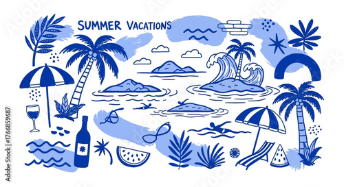 Tropical Summer Vacation Essentials – Beach, Sun, Islands, Drinks, Palm Trees, Relax and Travel

