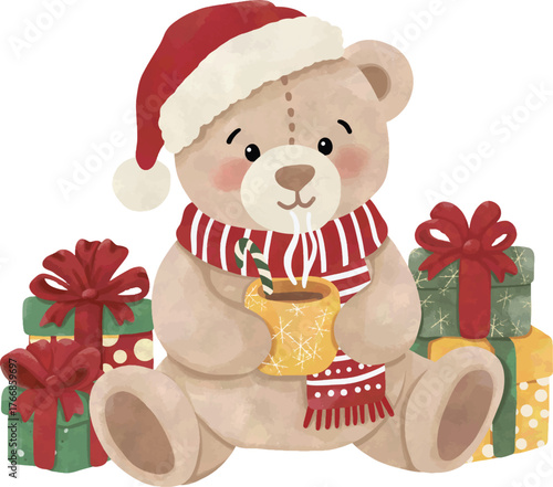 Watercolor Christmas Teddy Bear with Santa Hat and Gifts | Cute Holiday Clipart
