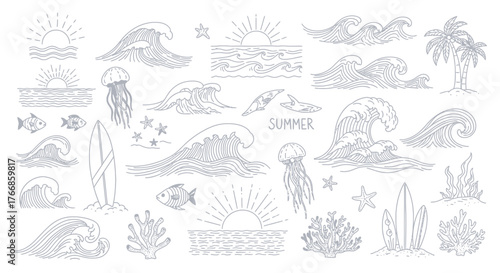 Wallpaper Mural Ocean Wave Doodle Set – Hand-Drawn Surf, Sunset, Jellyfish, Sea Life, Coral, Palm Trees & Summer Art

 Torontodigital.ca