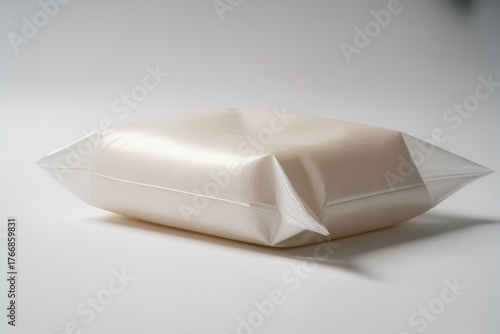 Close up of a white rectangular object sealed in a clear plastic package