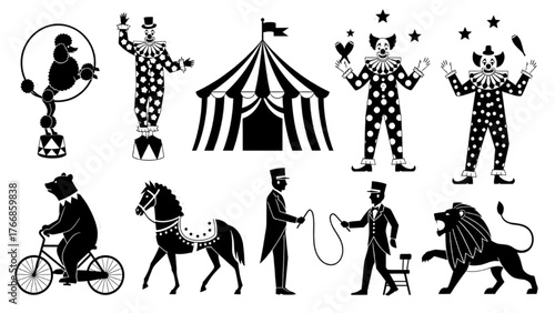 Black and White Circus Silhouette Illustration — Clown, Lion, Bear, Horse, Poodle, Ringmaster, and Tent in Vintage Minimal Vector Style, Retro Graphic Art on White Background