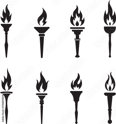 Eight black torch icons with flames on white background