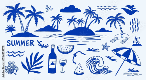 Tropical Summer Vacation Essentials – Beach, Sun, Islands, Drinks, Palm Trees, Relax and Travel

