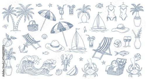 Hand drawn fashion accessories with summer sailing and beach icons