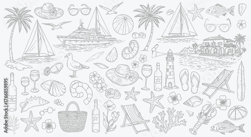 A hand-drawn collection of vintage travel and tourism doodles featuring sea, boat, sailboat, and beach icons