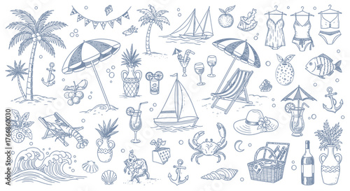 Seamless pattern of summer vacation with beach icons, vector illustration of sea, boat, sun, and waves for nautical design