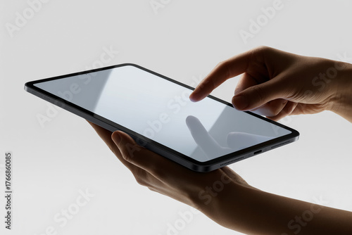 Person using a modern tablet device with touchscreen technology for communication