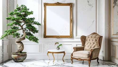 Elegant Interior with Bonsai Tree, Mirror, and Armchair.