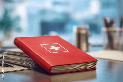 Red First Aid Kit on a Desk with Blurred Office Background