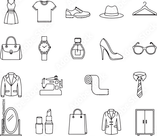 Stylistic fashion icons for your modern design: dress, shirt, shoe, hat, hanger, bag, watch, perfume, heel, glasses, jacket, sewing machine, tie, and more!