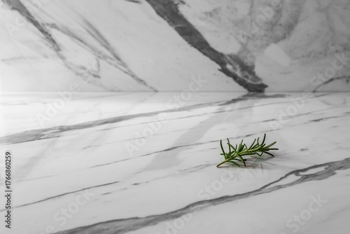 Fresh rosemary sprig resting on a sleek marble surface in a minimalist style